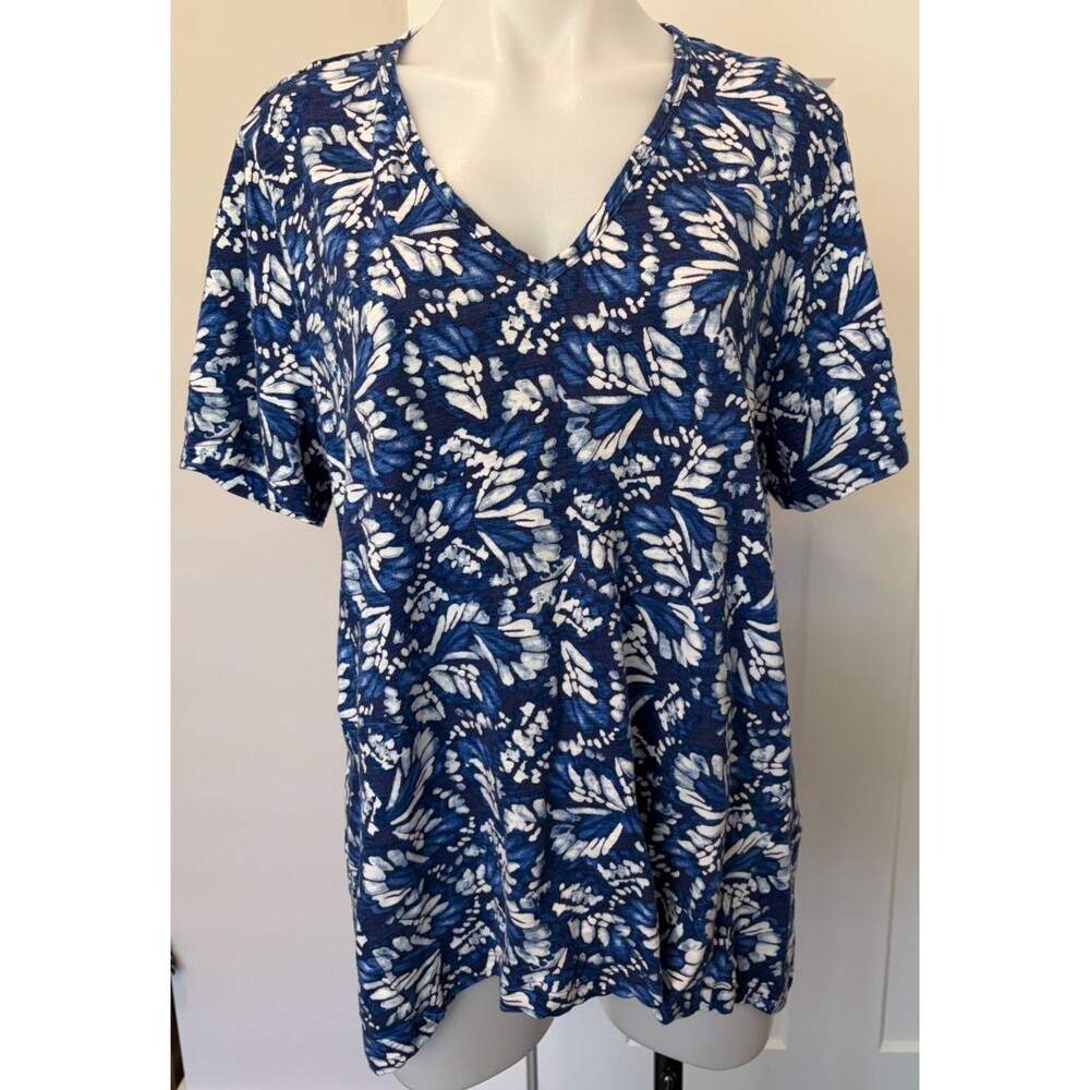 CHICOS Womens Knit TOP Short Sleeve BLUE White Butterfly V-Neck Size 3 (XL)